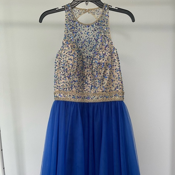 Studio 17 12667 Cutout Back Long Royal Blue Prom Dress illusion neck line - Picture 4 of 11